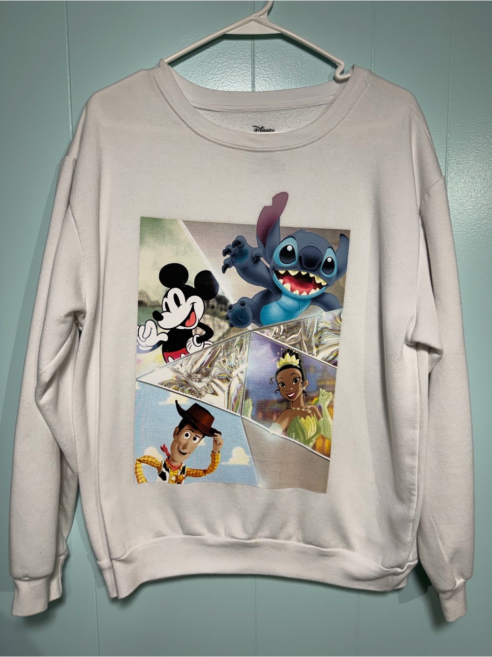 Disney White Crewneck Sweatshirt with Colorful Character Collage